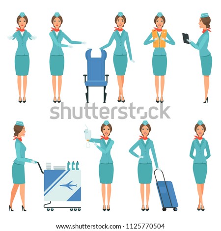Stewardess characters. Various mascots in action poses. Airport and flight workers. Flight airline hostess, attendant in uniform service, vector illustration Royalty-Free Stock Photo #1125770504
