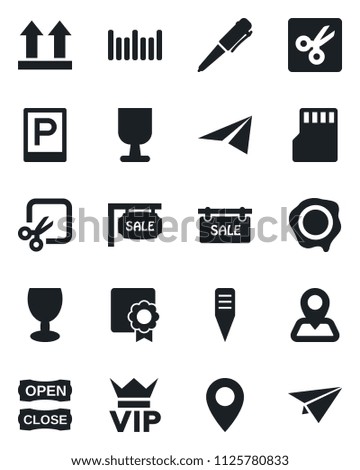Set of vector isolated black icon - parking vector, vip, pen, stamp, plant label, navigation, pin, fragile, up side sign, barcode, sd, cut, sertificate, sale, open close, paper plane