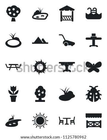 Set of vector isolated black icon - cafe vector, sun, flower in pot, lawn mower, butterfly, lady bug, pond, picnic table, pool, fruit tree, mountains, restaurant, alcove