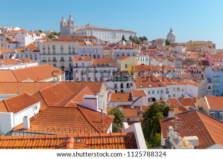 View of Lisbon from the observation deck. A view of the roofs of the houses from a bird's-eye view. Lisabon. Portugal.