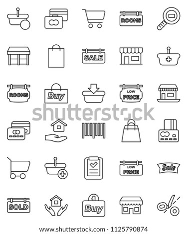 thin line vector icon set - house hold vector, cart, credit card, office, cargo search, sale signboard, rooms, sold, low price, shopping bag, market, store, buy, barcode, basket, list, coupon