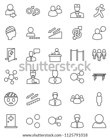 thin line vector icon set - student vector, manager, man, horizontal bar, stairways run, client, speaking, social media, group, doctor, gender sign, head bandage, medical room, share, login