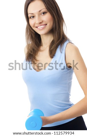 Young happy smiling woman in sportswear, doing fitness exercise with dumbbell, isolated over white background