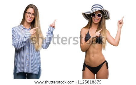 Young beautiful blonde woman wearing business and bikini outfits smiling and looking at the camera pointing with two hands and fingers to the side.