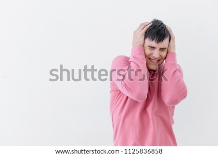 caucasian man stressful and hand touch head headpain  action on white background