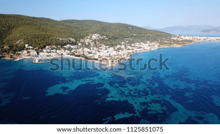 Aerial drone photo of famous seascape of Skala village in iconic small island of Agistri, Saronic gulf, Greece