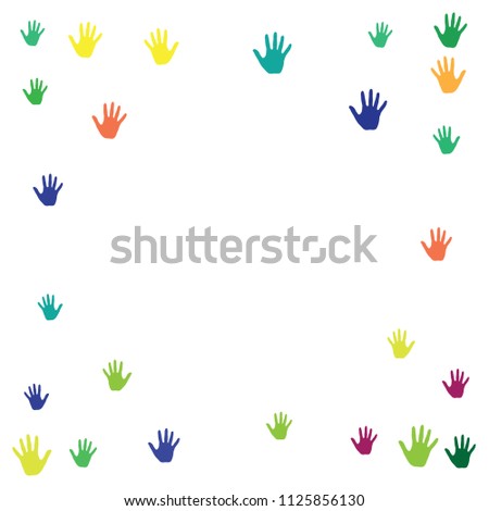 Hands border, palms frame isolated on white vector illustration. Multicolored handprints, symbols of friendship, teamwork. Art therapie concept. Children hands prints in bright paint.