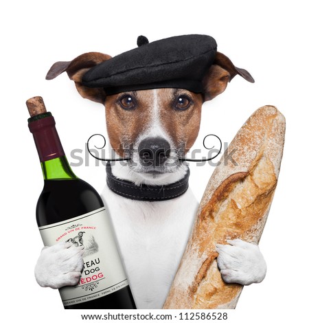 french dog wine baguette beret Royalty-Free Stock Photo #112586528