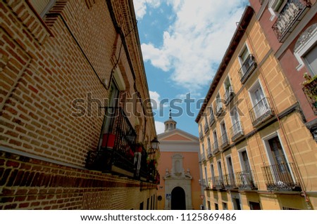 Buildings and details of an old church in Lavapiés district, located in the old town of Madrid, Spain, Europe.