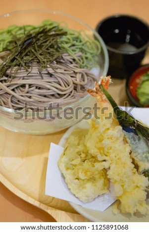 Soba, Japanese food style, Hiyashi Chuka, Japanese Cold Noodles Set, Chilled ramen noodles, Tempura