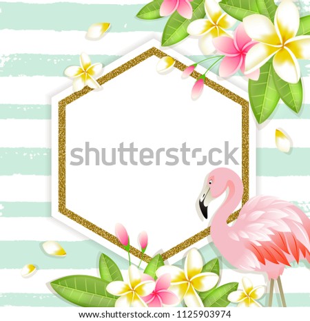 Summer vector tropical background with plumeria flowers, green leaves and pink flamingo. 