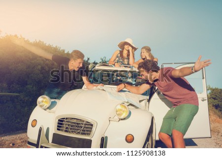 Vintage style image of boys with a map fighting over directions, and girls waiting in the car.