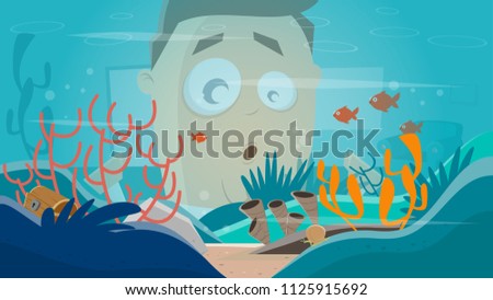 funny cartoon man watching in an aquarium