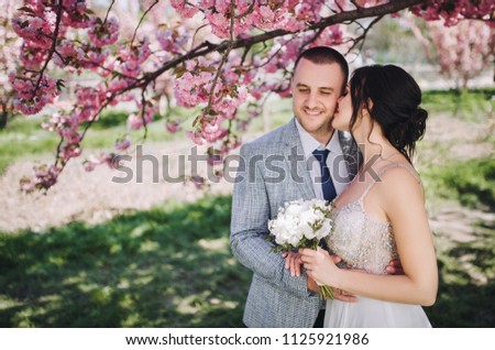Beautiful, young and cute newlyweds hug and smile in a blooming pink sakura, on a sunny day. Spring wedding portrait close-up of groom and cute bride brunette in white dress.