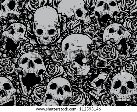 Vector Skulls and Roses Collage Background. Vector illustration with several skulls at different angles swimming in a sea of tattoo style roses. Great collection of individually grouped elements.