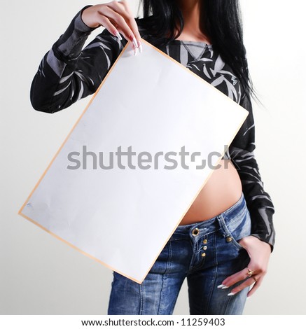 Woman takes placard at white background