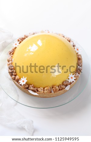 Contemporary Mango Apricot and Coconut Mousse Cake, on white background.