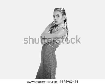 fashion photo of girl or woman with bright fashionable makeup isolated on white background