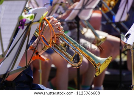Family music festival in Detmold Town of Germany. Musical brass instruments and Children. Open-air Concert in the park. Beautiful Summer Sunny Day. Royalty-Free Stock Photo #1125966608