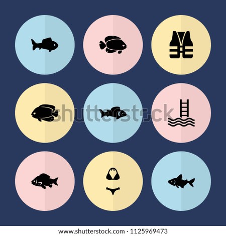 Set of 9 swimming filled icons such as fish, swimsuit, life vest