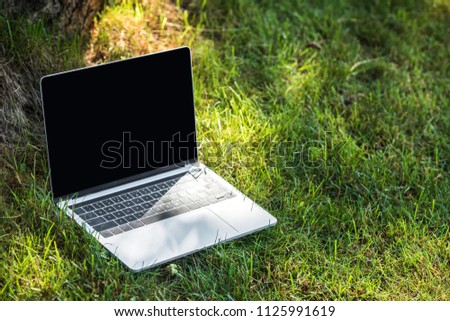 close up view of laptop with blank screen on grass outdoors 