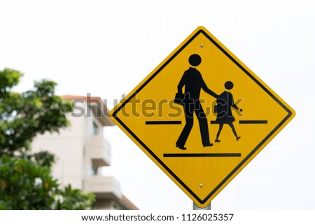 School sign on blurred tree and building background, Warning zone, Copy space of transportation and travel concept