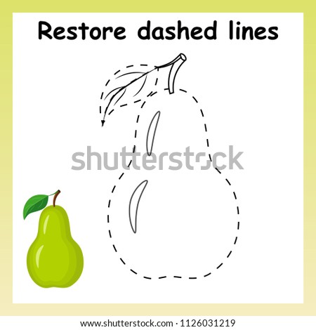 Trace game for children. Cartoon pear. Restore dashed line and color picture!