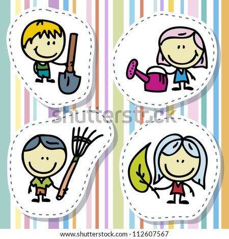 Icon set of doodle happy children with garden tools
