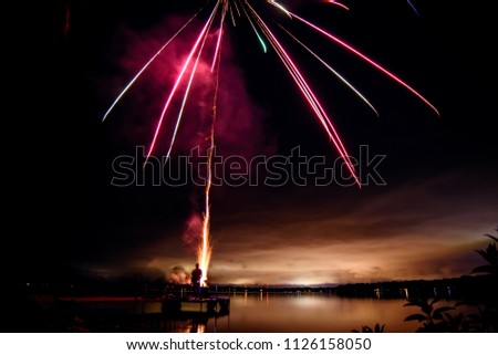 People shooting fireworks in countryside on lake into sky holiday and summer celebration fireworks photography with room for copy for Canada Day, or 4th of July background 