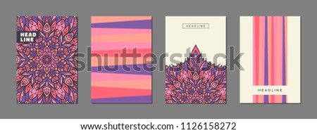 Vintage business cards set with islam, arabic, indian motifs. Colorful abstract covers.