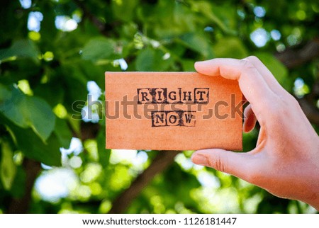 Woman hand holding cardboard card with words Right Now made by black alphabet stamps against green nature background. 
