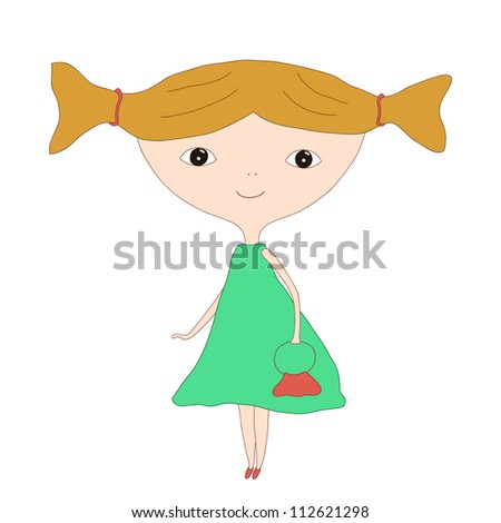 Little girl in a dress holding a purse. Vector image.