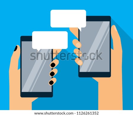 Hands holding smartphone with speech bubble. Using smart phone for text messaging. Mobile phone chat message notifications. Eps 10 vector flat design concept.