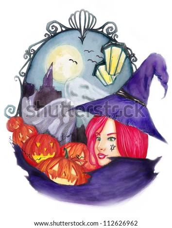 An illustration of an Halloween witch, done by watercolor