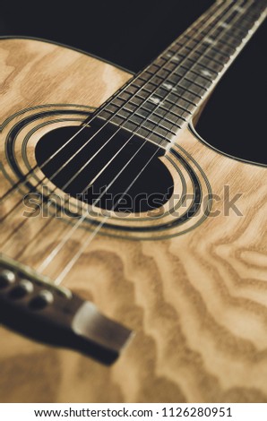 details of acoustic guitars are photographed close