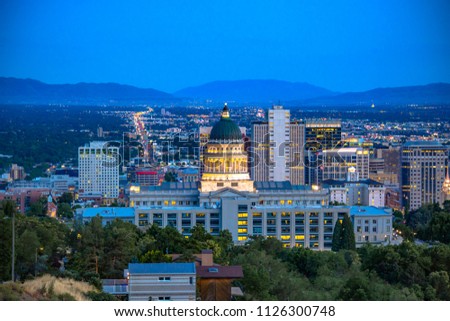 Salt Lake City Skyline with State Capital in center and State Street in the background next to the Capital Dome.