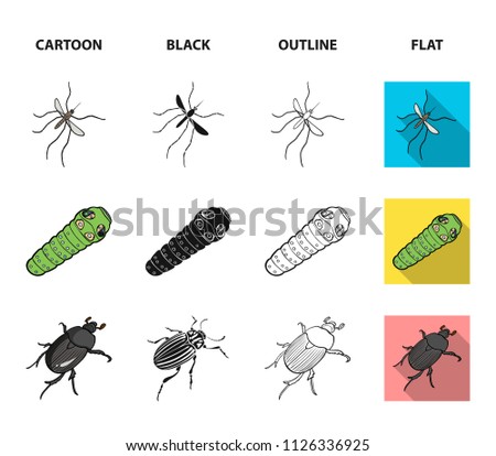 Arthropods insect mosquito, bee.Earth worm, caterpillar,vermicular set collection icons in cartoon,black,outline,flat style vector symbol stock isometric illustration web.