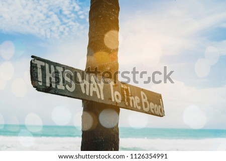 Wood sign board say This way to the beach on coconut tree with blur bokeh beach and blue sky sunlight flare background.