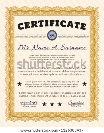 Orange Sample certificate or diploma. With background. Lovely design. Detailed. 