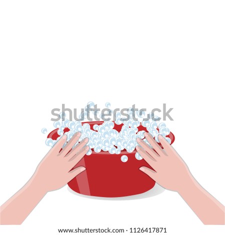 A basin with soapy water and two hands on a white background: washing, cleaning.