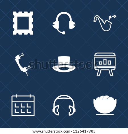 Premium set of outline, fill vector icons. Such as bugle, picture, photo, bowl, orchestra, art, musical, pattern, blank, headphone, dish, decoration, music, equipment, frame, trumpet, schedule, food