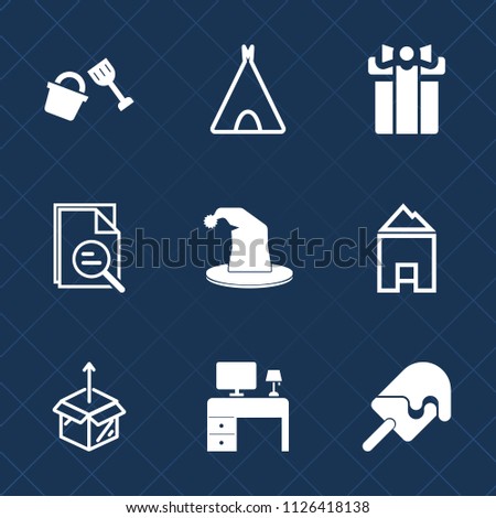 Premium set of outline, fill vector icons. Such as cardboard, sweet, adventure, desk, unpacking, white, gift, ice, cream, business, summer, bucket, shovel, present, holiday, box, nature, landscape