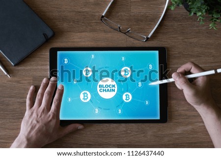 Blockchain technology concept on screen. Cryptocurrency, digital money. 