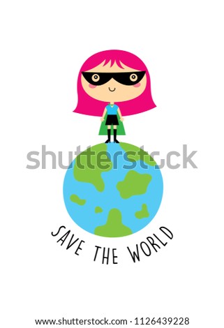 cute superhero girl save the world vector clip art. cute little child (girl) save the world super hero cartoon.