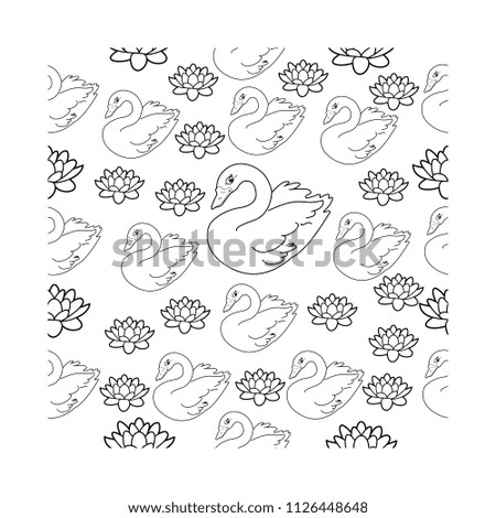 Trendy seamless pattern with white swans, water lily background. Night lake art background. Fashion design for fabric, wallpaper, textile and decor.