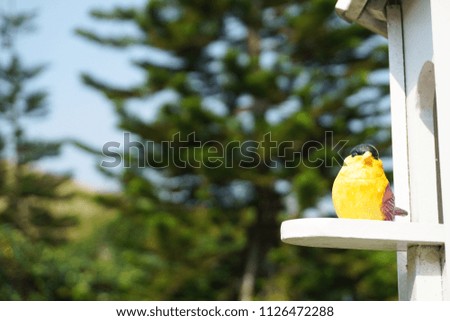 Wooden yellow bird on birdhouse, garden decorations at home, copy space
