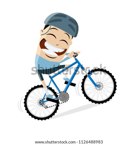 funny cartoon man is riding a mountain bike