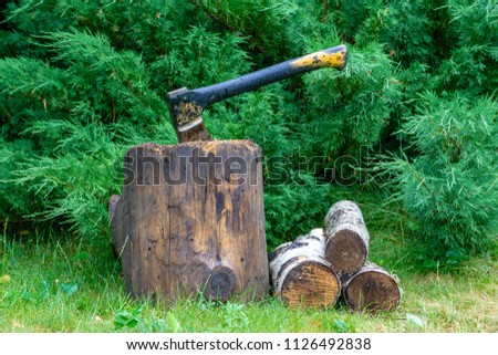 The ax is stuck in a log on a background of a juniper