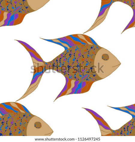 Tropical Fish. Seamless Pattern with Colorful Fish Hand Drawn in Childish Style. Sea Pattern for Paper, Chintz, Print. Bright Simple Texture in Trendy Colors. Vector Illustration.