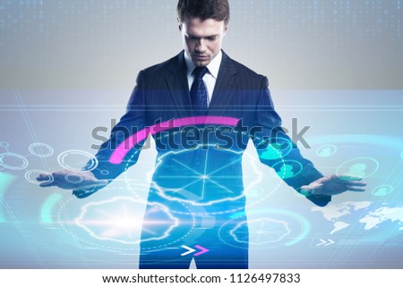 Businessman touching digital screen of cyberface interface with abstract binary background.
